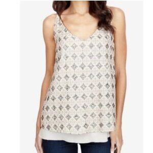 Lucky Brand Beige Brown Sequin Embellished Embroidered Tank Women's Large